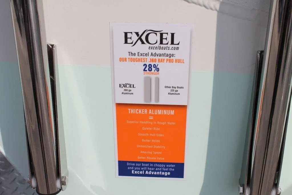 Excel Bay Pro Elite 203 boat features, highlighting 28% stronger aluminum hull.