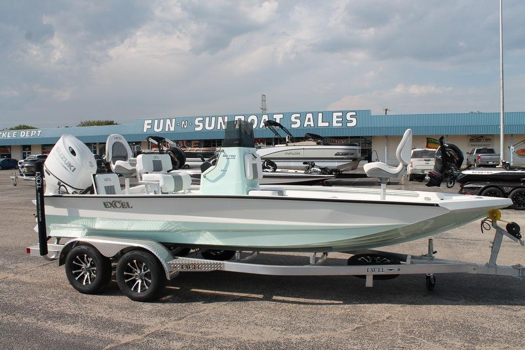 2026 Excel Bay Pro Elite 203 boat on trailer at Fun-N-Sun Boat Sales.