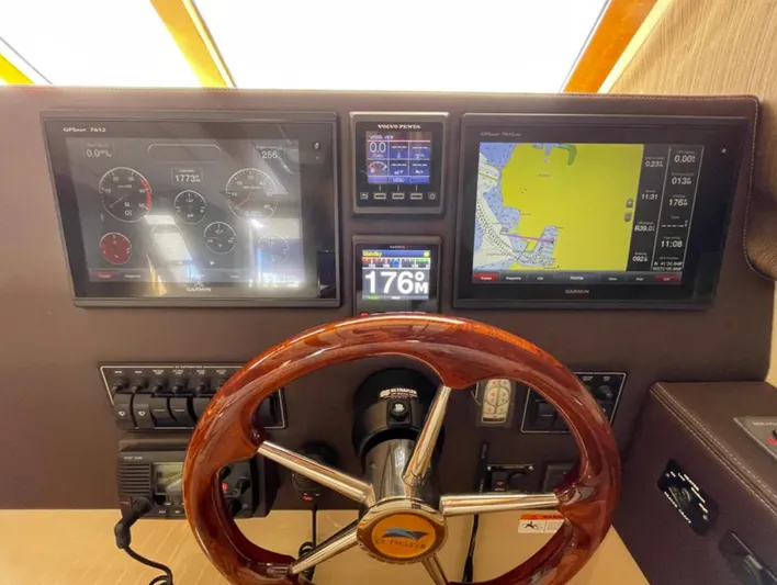 Elaine Hope Yacht Photos Pics 2017 Cutwater C-30 CB helm with navigation screens and wooden steering wheel.