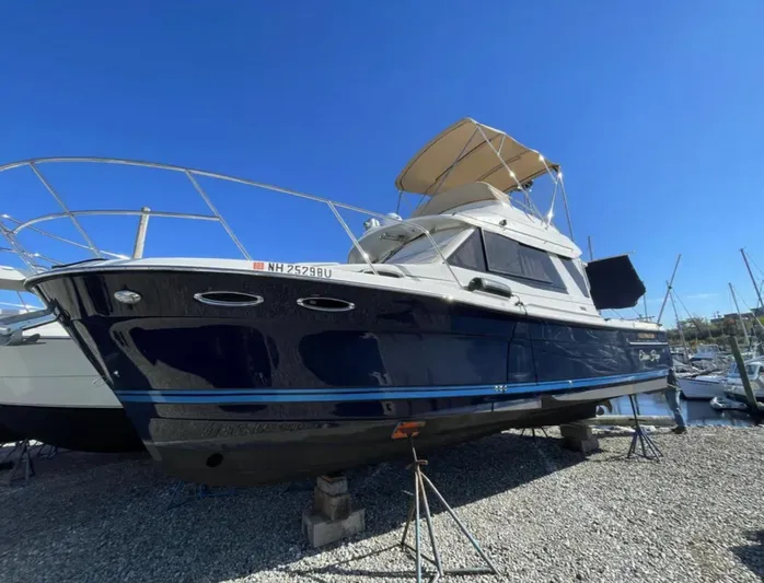 Elaine Hope Yacht Photos Pics 2017 Cutwater C-30 CB boat on stands, blue hull, sunny day, marina background.