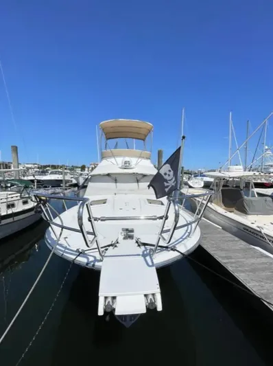 Elaine Hope Yacht Photos Pics 2017 Cutwater C-30 CB yacht docked with pirate flag, clear blue sky.