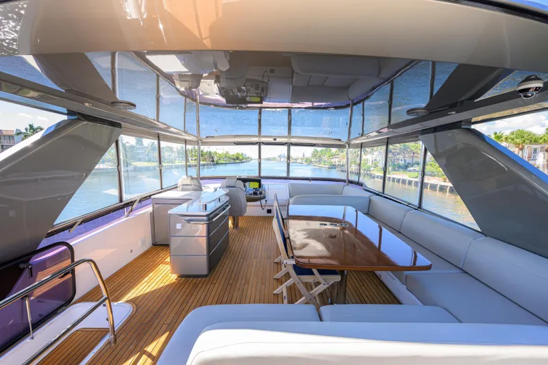 Miss Amy Yacht Photos Pics Luxurious interior of 2020 Princess F70 yacht with elegant seating and scenic views.