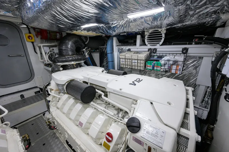 Miss Amy Yacht Photos Pics Engine room of 2020 Princess F70 yacht with V12 engine and metallic insulation.