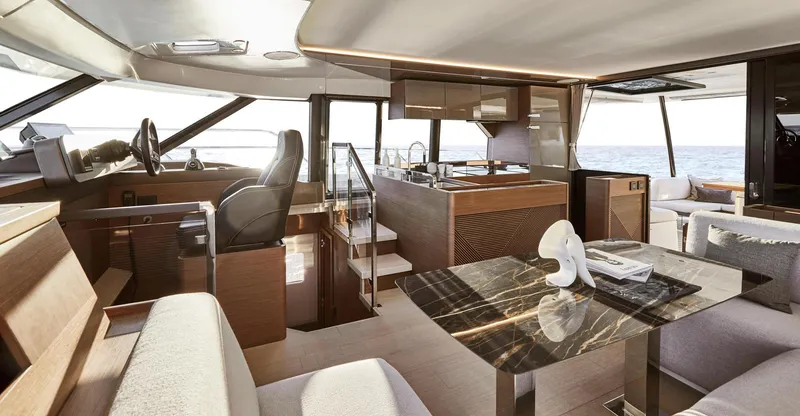  Yacht Photos Pics Luxurious interior of the 2025 Prestige M48 yacht with modern furnishings and ocean view.