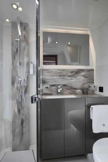  Yacht Photos Pics Modern bathroom in Prestige M48 yacht, 2025 model.