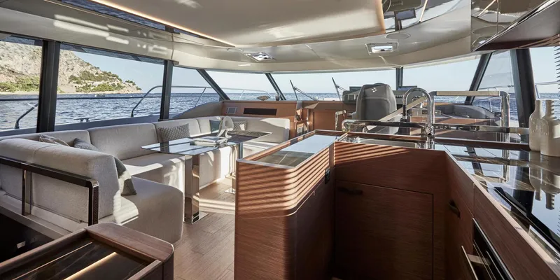  Yacht Photos Pics Prestige M48 2025 yacht interior with modern design, spacious seating, and panoramic windows.