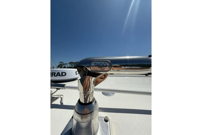  Yacht Photos Pics Chrome boat fitting on 2021 Custom Infusion 34 CC under clear blue sky.