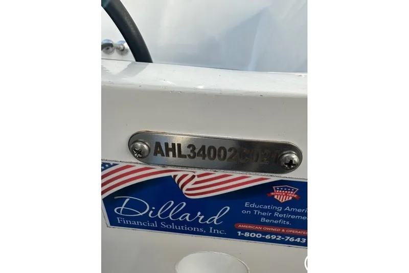  Yacht Photos Pics 2021 Custom Infusion 34 CC boat with identification plate and Dillard Financial Solutions sticker.