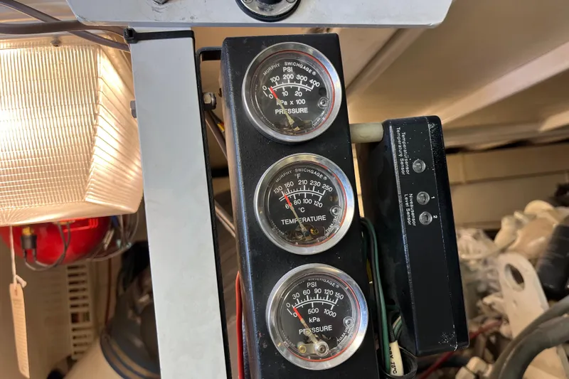 Floridita Yacht Photos Pics Close-up of gauges and sensors on a 1997 Post Sportfish boat.