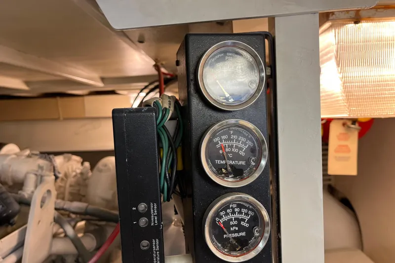 Floridita Yacht Photos Pics Control panel with gauges in a 1997 Post Sportfish boat engine room.