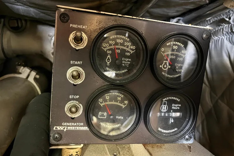 Floridita Yacht Photos Pics Control panel of a 1997 Post Sportfish boat with Westerbeke generator gauges.