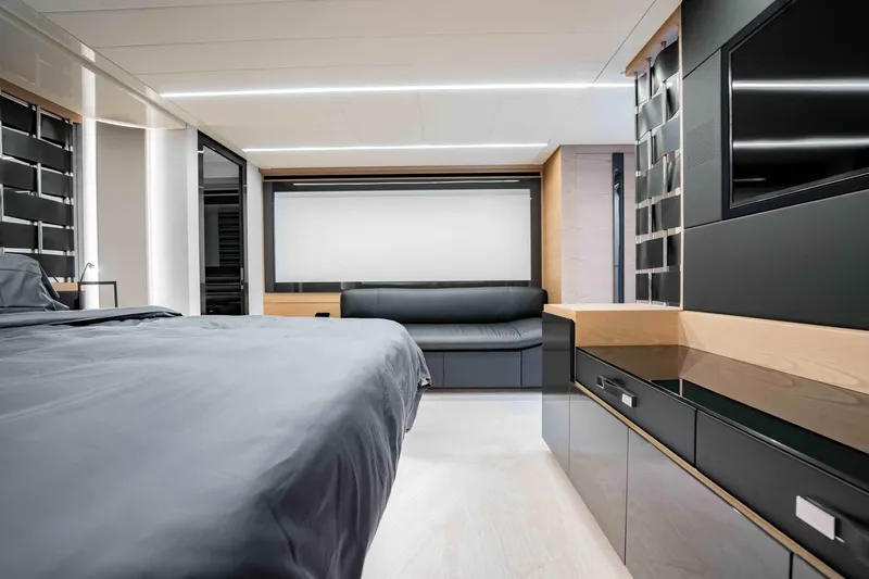  Yacht Photos Pics Luxurious interior of 2017 Pershing 70 yacht with modern design and sleek furnishings.