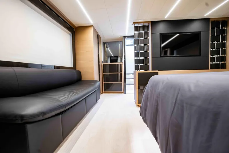  Yacht Photos Pics Luxurious interior of 2017 Pershing 70 yacht with modern design and sleek furnishings.