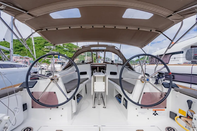 Minx Yacht Photos Pics 2024 Jeanneau Sun Odyssey 349 cockpit with dual steering wheels and canopy.