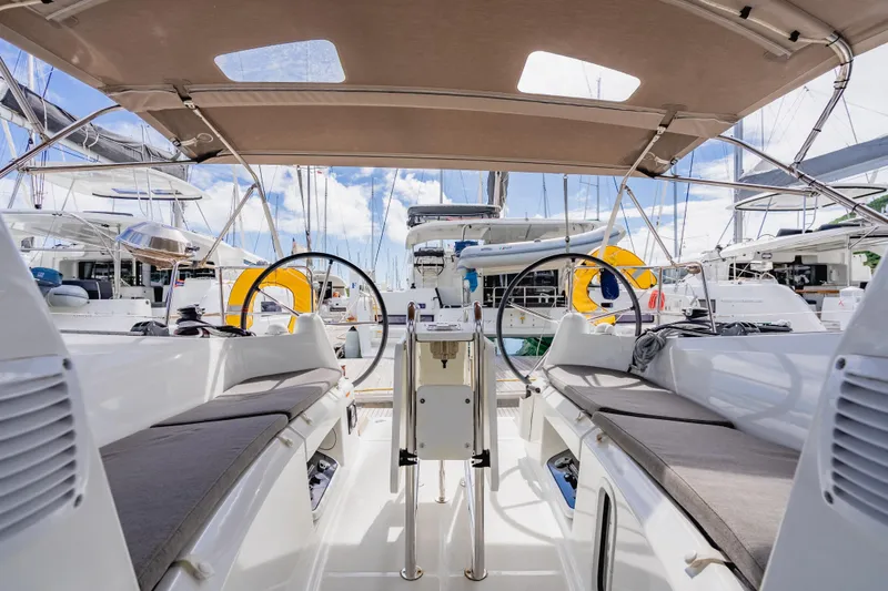 Minx Yacht Photos Pics 2024 Jeanneau Sun Odyssey 349 sailboat cockpit with dual steering wheels and canopy.