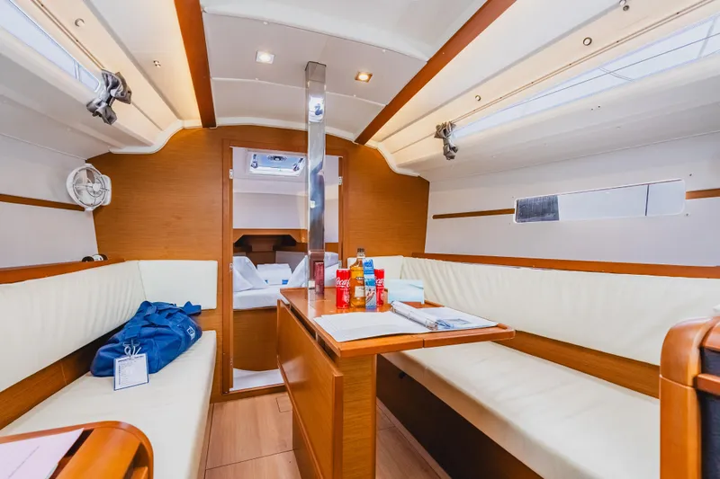 Minx Yacht Photos Pics 2024 Jeanneau Sun Odyssey 349 interior with cozy seating and dining area.