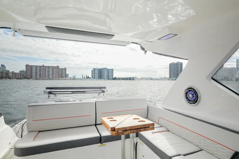  Yacht Photos Pics 2026 Granfort 370 GTX yacht interior with city skyline view.