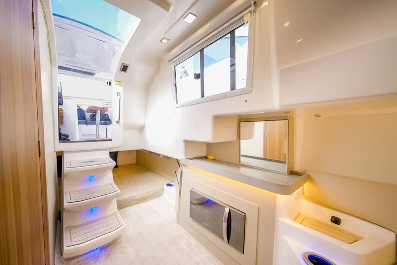  Yacht Photos Pics Interior of 2026 Granfort 370 GTX yacht, featuring modern design and ambient lighting.