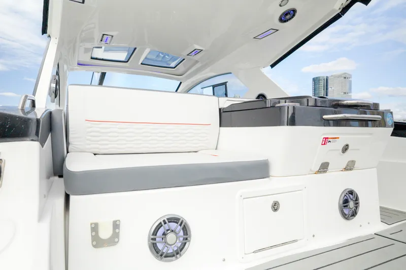  Yacht Photos Pics 2026 Granfort 370 GTX boat interior with modern seating and sleek design.