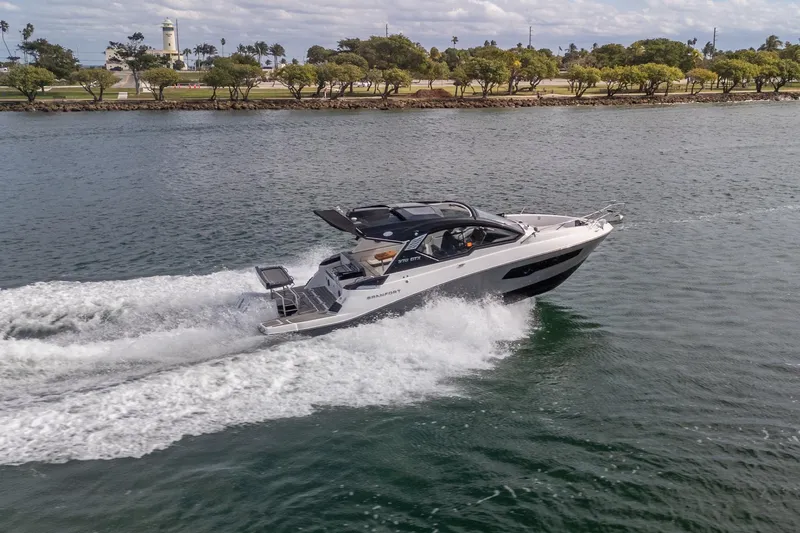  Yacht Photos Pics 2026 Granfort 370 GTX luxury yacht cruising on a scenic waterway.