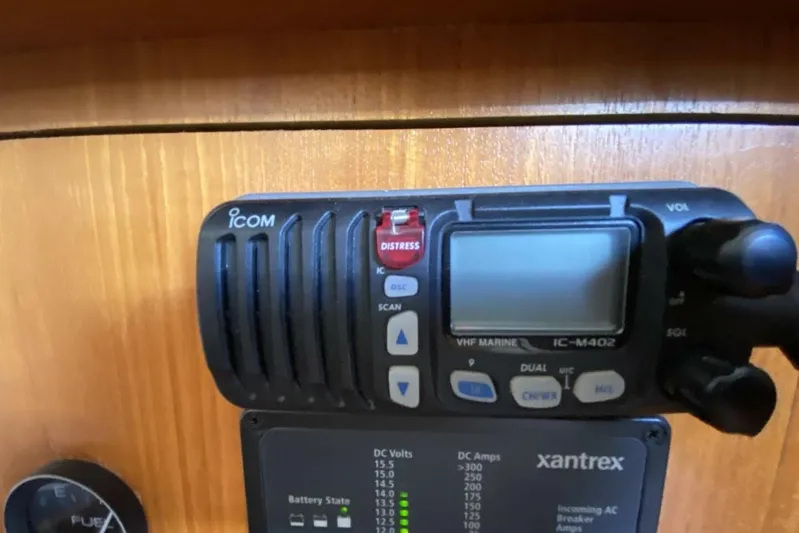 Dolce Vita Yacht Photos Pics VHF marine radio and control panel on 2004 Hunter 41 AC sailboat.