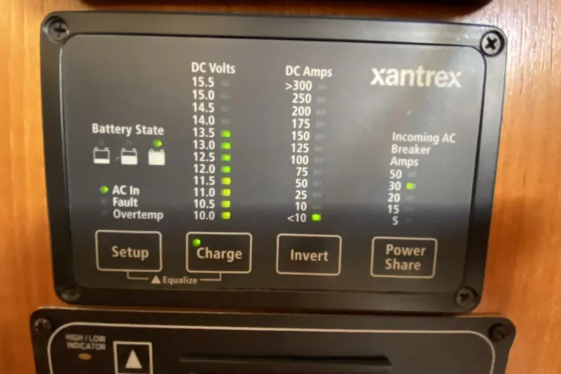 Dolce Vita Yacht Photos Pics Xantrex power control panel on 2004 Hunter 41 AC, displaying battery and AC settings.