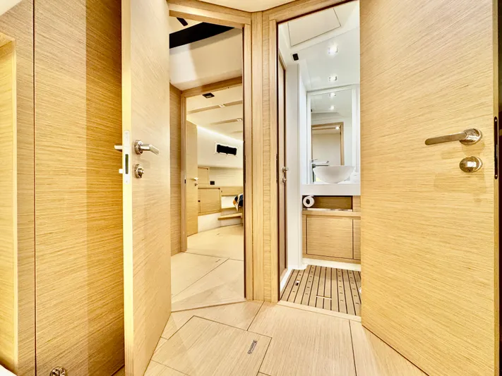 La Doña Yacht Photos Pics Luxurious interior of 2023 Pardo Yachts 50, featuring modern wood finishes and elegant design.