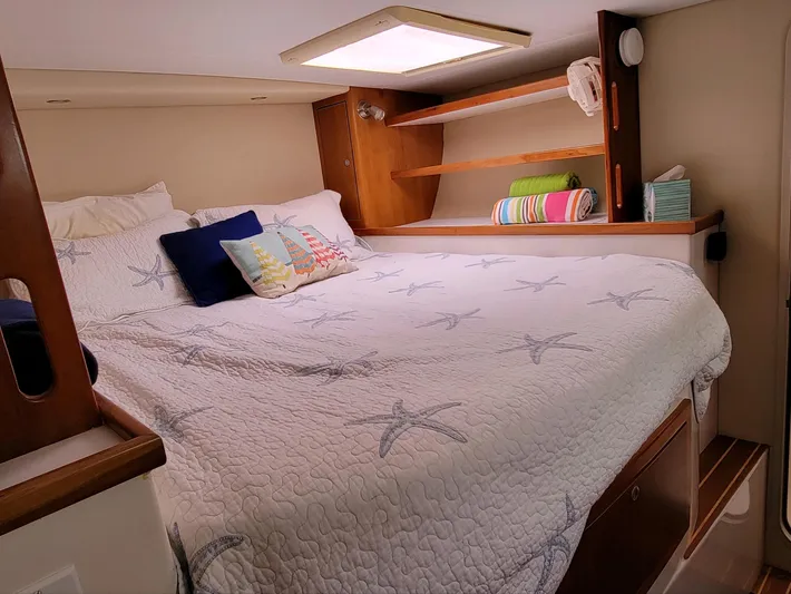 Alacrity Yacht Photos Pics Cozy bedroom in 2009 Fusion 40 yacht with starfish-themed bedding and wooden shelves.