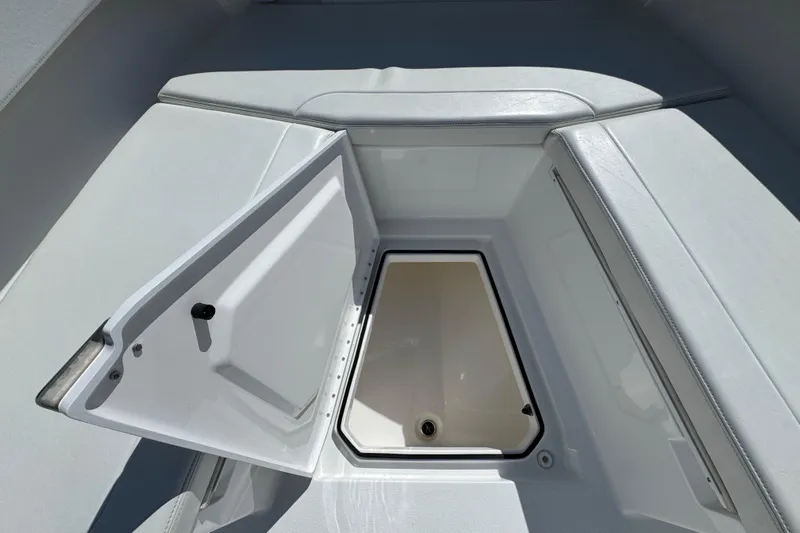  Yacht Photos Pics 2024 Albury Brothers 23 Forward Seating boat storage compartment open.