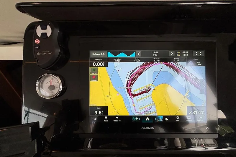  Yacht Photos Pics Garmin navigation display on 2022 Jeanneau NC Weekender 1095 Fly boat dashboard.