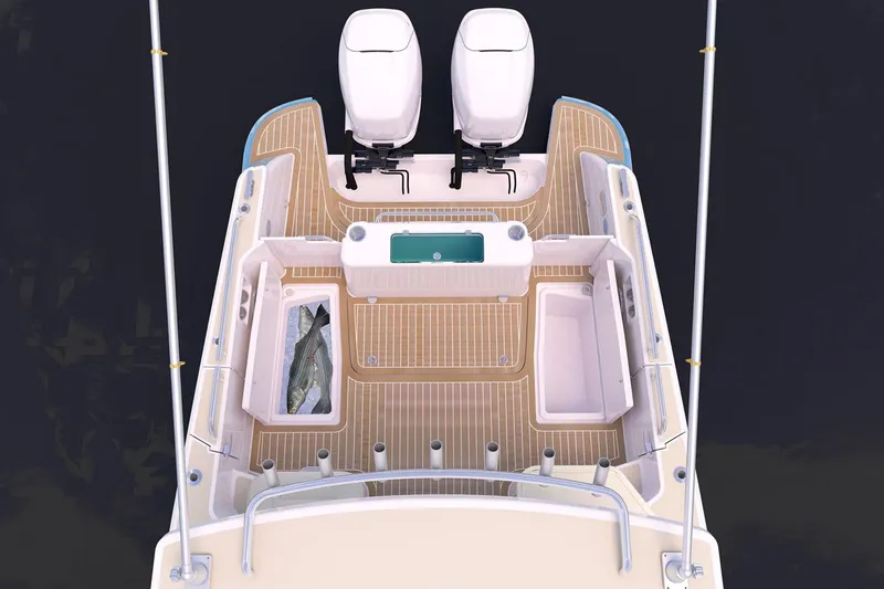 Tumalum Yacht Photos Pics Manufacturer Provided Image: 2023 MJM 35 boat deck with twin outboard engines and fishing compartments.