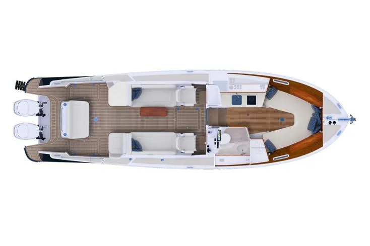 Tumalum Yacht Photos Pics Manufacturer Provided Image: Top view of 2023 MJM 35 boat layout with twin engines.