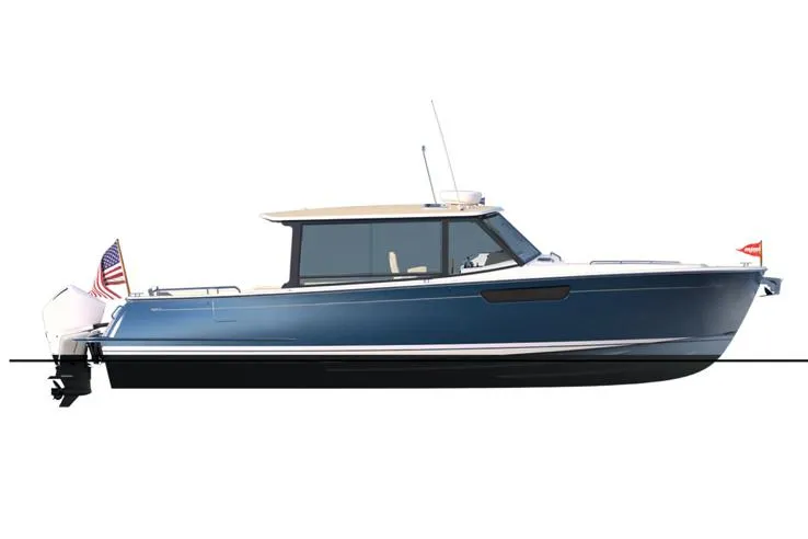 Tumalum Yacht Photos Pics Manufacturer Provided Image: 2023 MJM 35 boat, side view, blue hull, modern design.