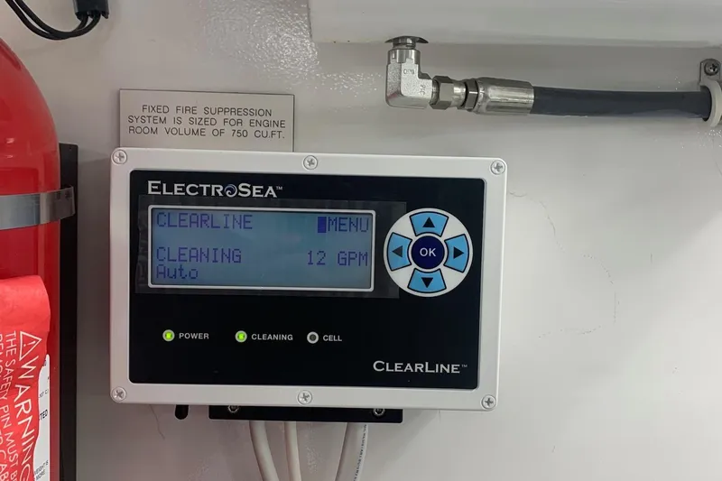 Fluid Power Yacht Photos Pics Control panel of ElectroSea ClearLine system on 2019 Viking 44 Sport Coupe yacht.