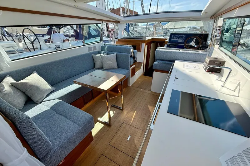  Yacht Photos Pics Interior of 2026 Delta Powerboats 48 Coupe, featuring modern seating and sleek design.