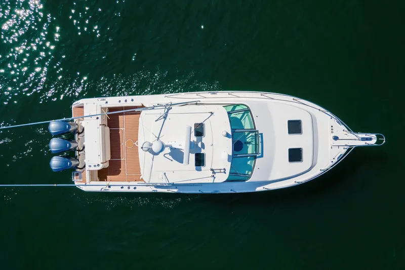Papa's Dream Yacht Photos Pics Aerial view of 2016 Grady-White Express 370 boat on water.