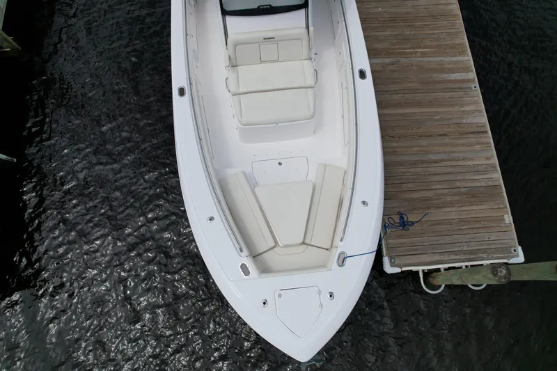 43 Everglades 435 Cc Yacht Photos Pics 2017 Everglades 435 Center Console boat docked on water, aerial view.