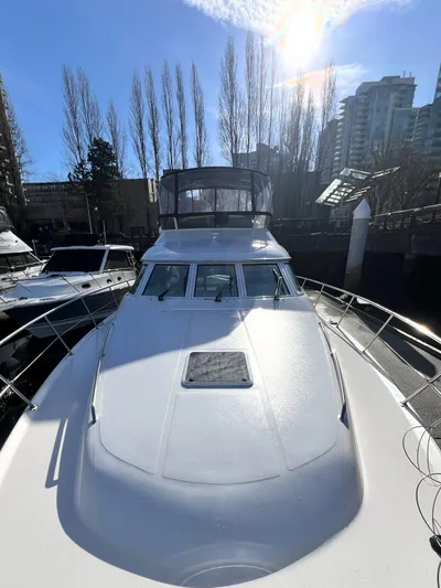 Rising Tide Yacht Photos Pics 1996 Sea Ray 400 Sedan Bridge yacht docked under a bright blue sky.
