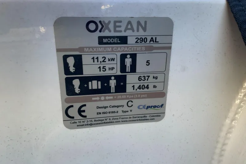 Rising Tide Yacht Photos Pics Label on Oxean 290 AL boat showing capacity and specifications.