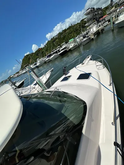  Yacht Photos Pics 2013 Grady-White Express 330 boat docked in a marina under clear blue skies.