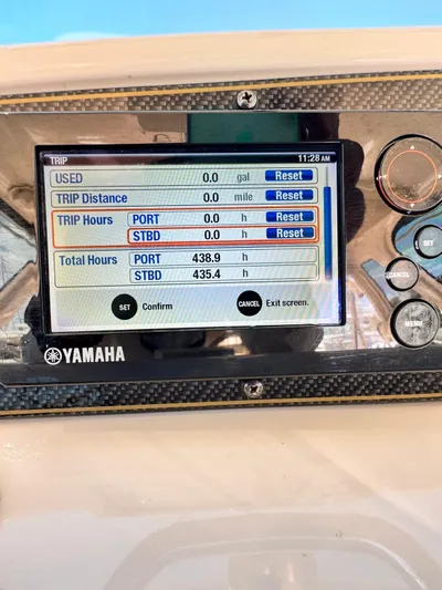  Yacht Photos Pics Yamaha display on 2013 Grady-White Express 330 showing trip and total hours.