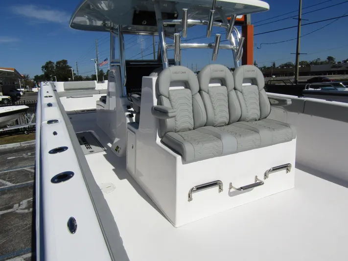  Yacht Photos Pics 2023 Twin Vee 340 GFX CC boat with sleek seating and modern design.