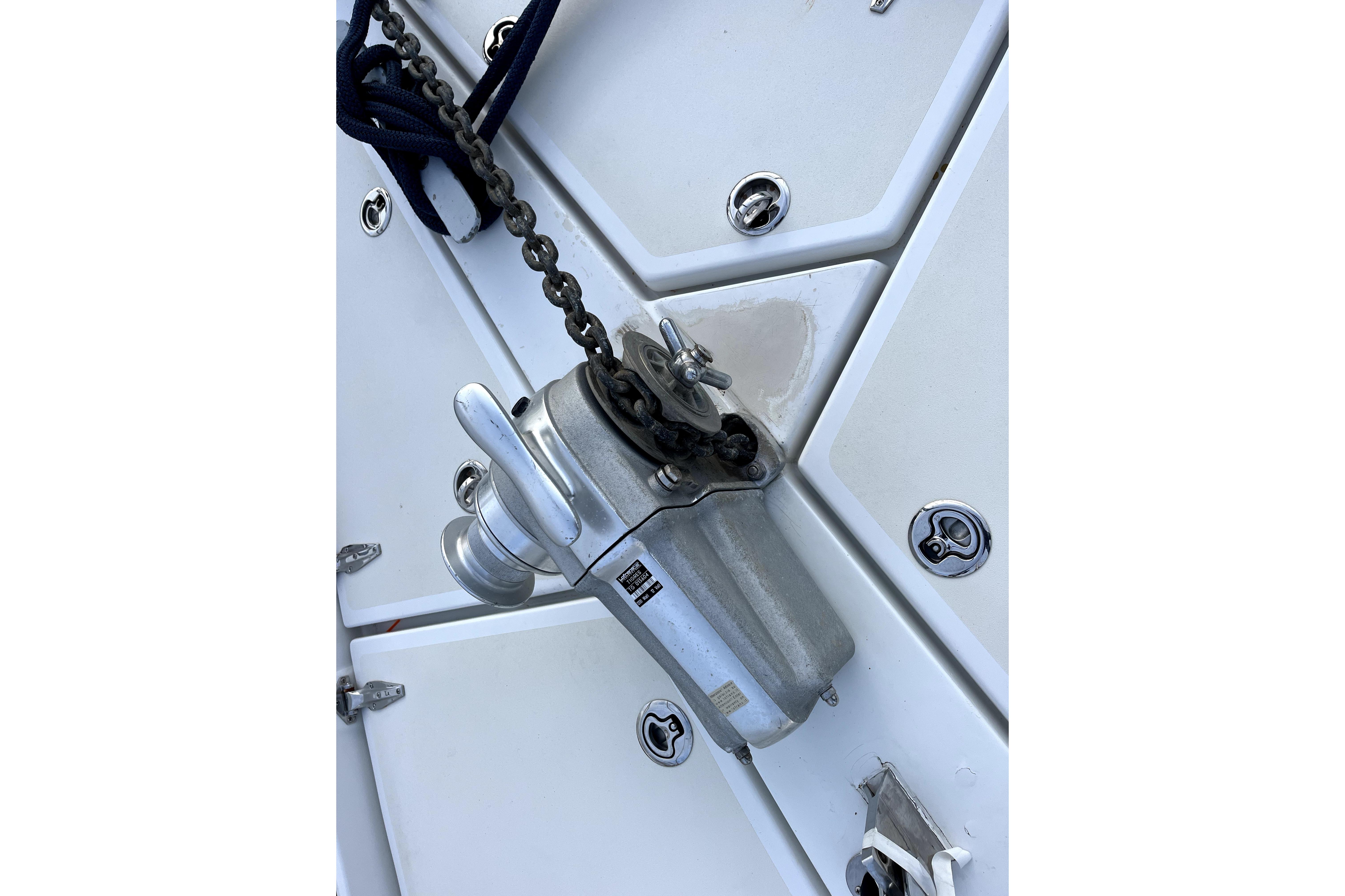 Anchor windlass on 1979 Amel Mango sailboat deck.