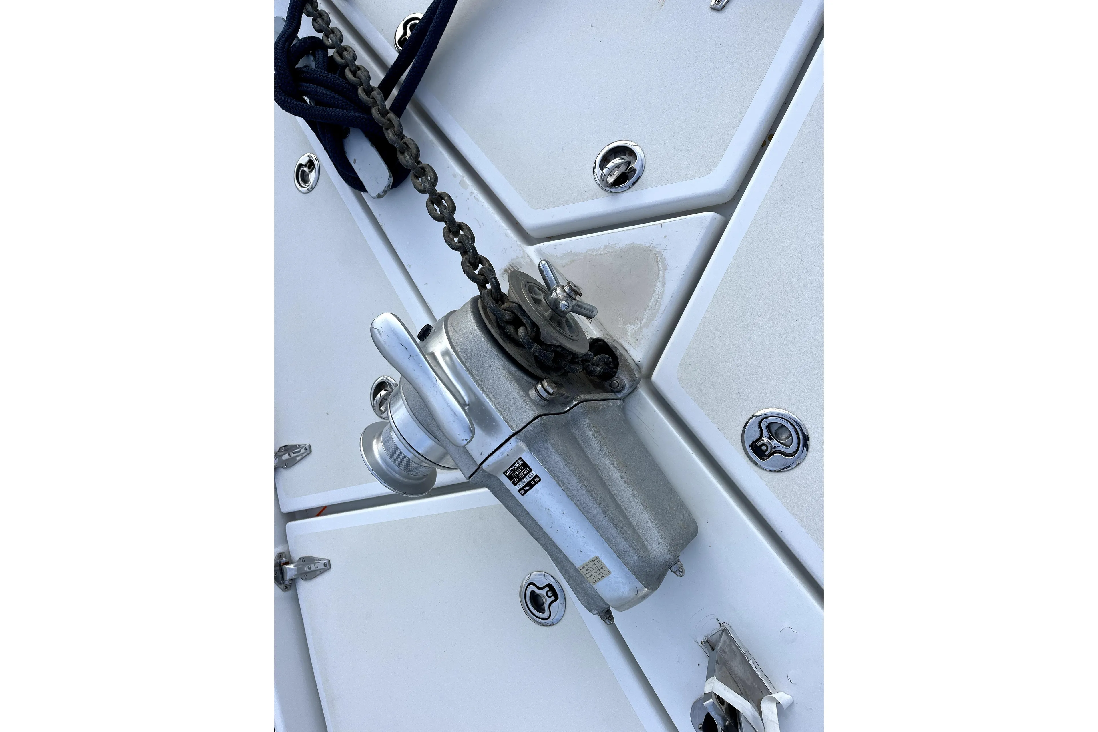 Anchor windlass on 1979 Amel Mango sailboat deck.