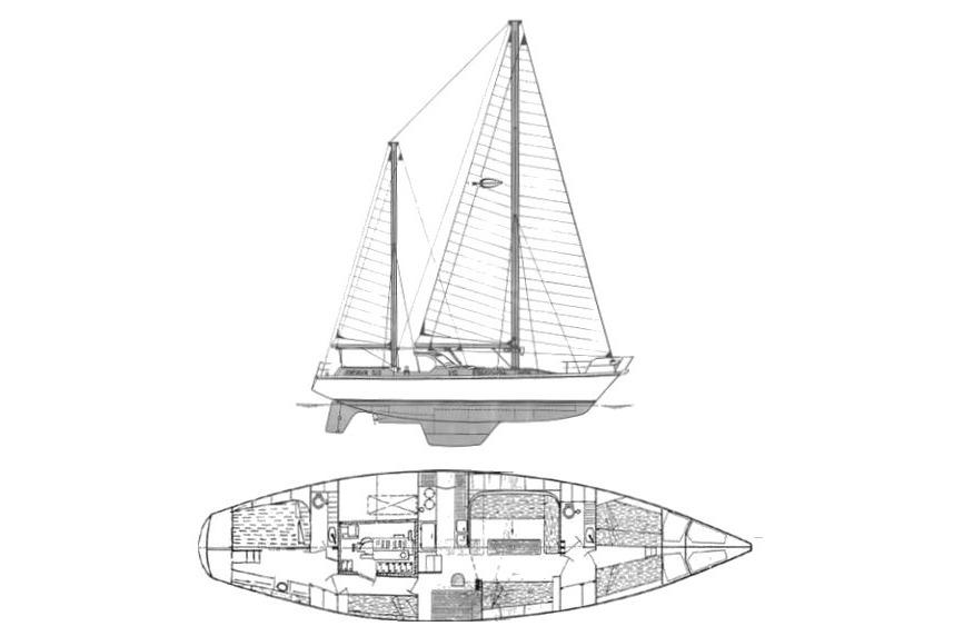 Line drawing of 1979 Amel Mango sailboat with interior layout.
