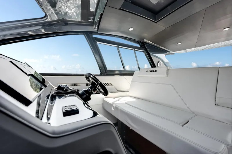  Yacht Photos Pics 2023 Cruisers Yachts 42 GLS OB interior with sleek design and panoramic windows.
