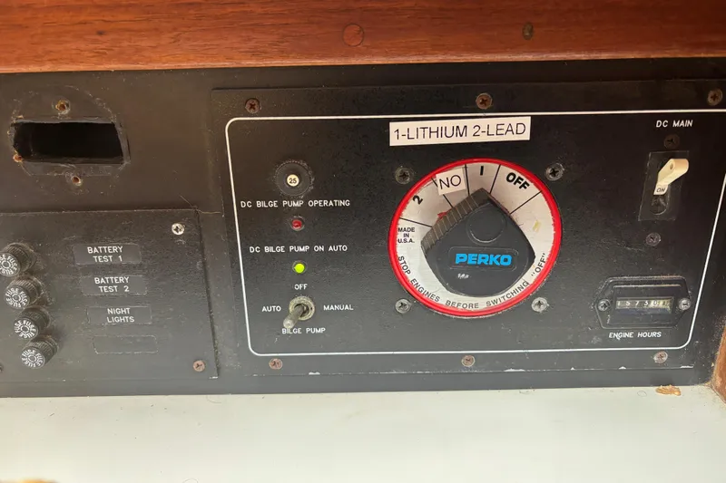 Starlight Yacht Photos Pics Control panel of a 1995 Island Packet 37 sailboat with Perko switch and bilge pump controls.