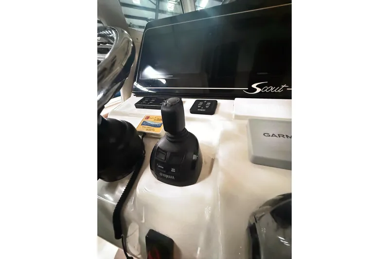  Yacht Photos Pics Control panel of 2016 Scout 350 LXF boat with Garmin and Yamaha joystick.