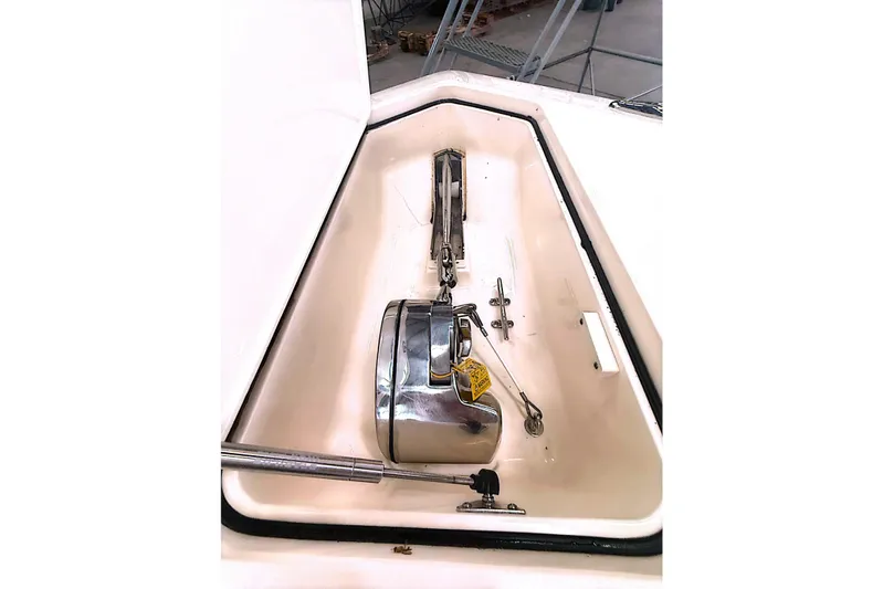  Yacht Photos Pics 2016 Scout 350 LXF boat anchor compartment with stainless steel hardware.