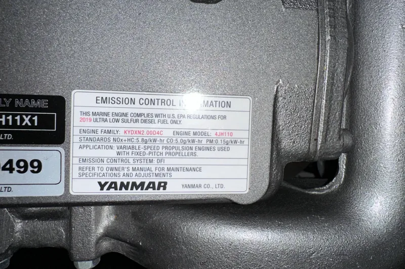 Champagne Yacht Photos Pics Yanmar engine emission control label on 2021 Beneteau Oceanis 55.1 sailboat.
